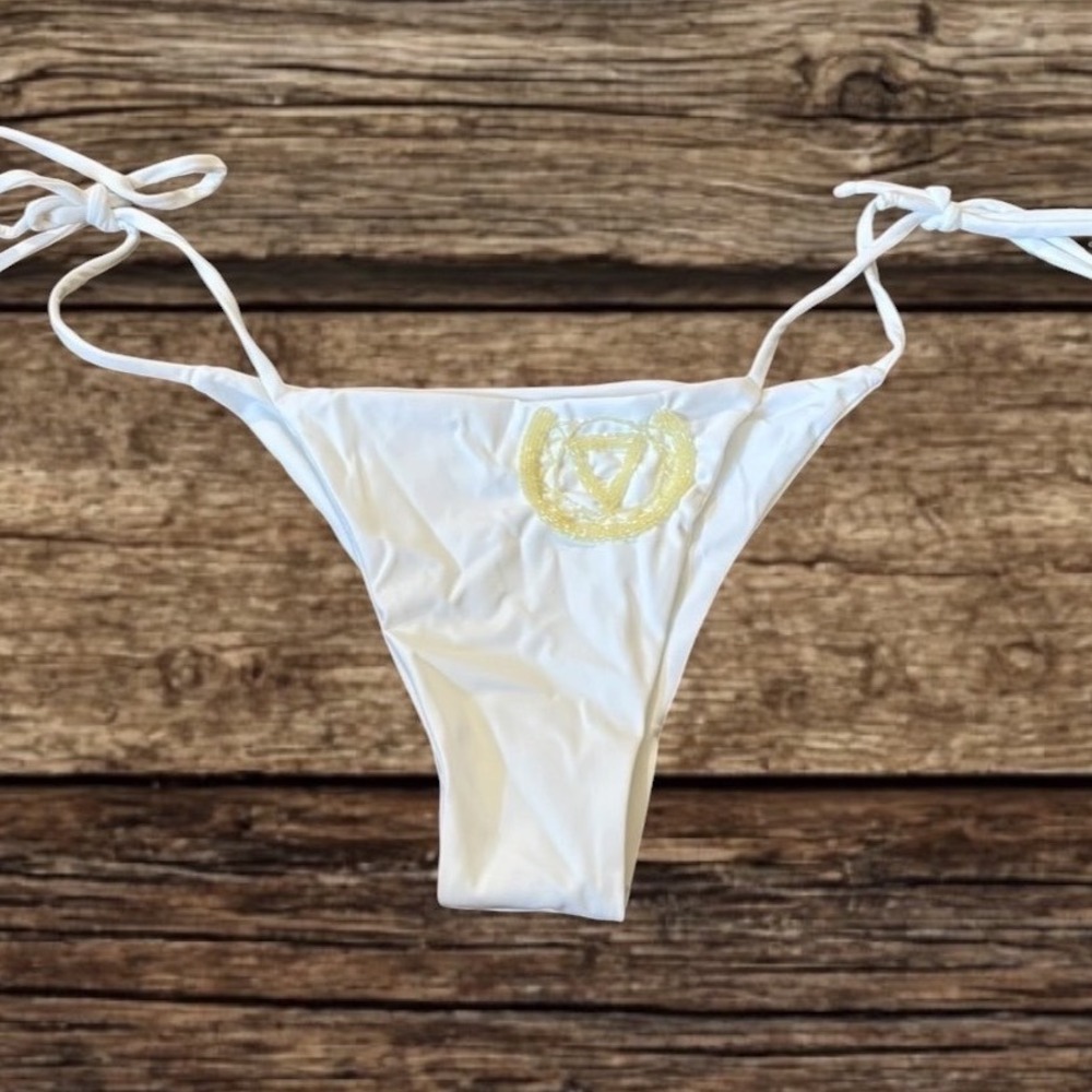 Oceanus Swimwear Cinta White Beaded Side Tie Bikini Bottom Designer Luxury Beach